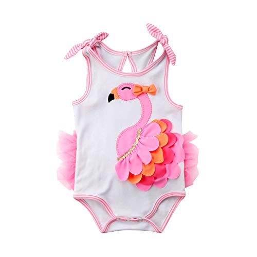 Bebé Recién Nacida Ropa de Playa Verano Mameluco sin Manga para Niñas Pequeñas Mono de Cuerpo Infantil con Estampado de Flamenco con Falda de Tul Rosa (Rosa, 3-6 Meses)