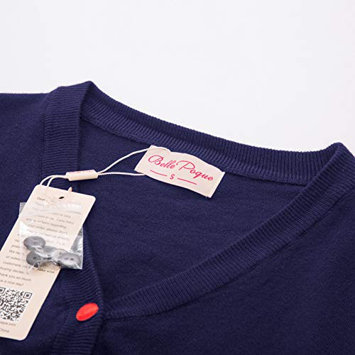 Belle Poque Años 50 Mujer Cuello en V Botón de Contraste Prendas de Punto Abrigo de Punto Cárdigan Azul Marino (928-3) XX-Large