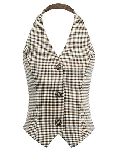 Belle Poque Chaleco de 3 botones totalmente forrado para mujer Chaleco de traje retro vintage Grid-1 (impreso) grande