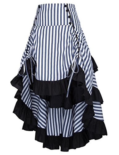 Belle Poque Falda De Volantes Rayas Azul Negro Crueda Pliegues Lazo A Espalda Victoriano M