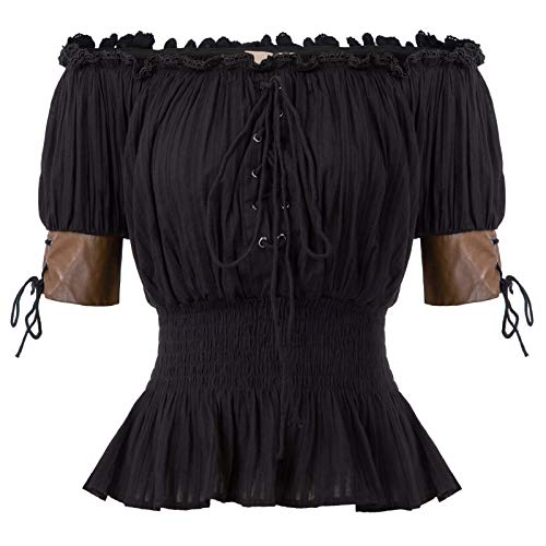 Belle Poque Mujer Steampunk Blusa Victoriana con Cordones Top Retro para Fiesta S Negro