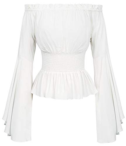 Belle Poque Mujer Tops Elegante Victoriano Medieval con Manga Larga Acampanada sin Hombro (L, Blanco)