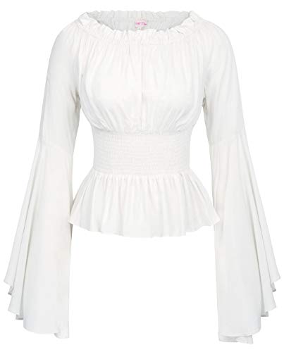 Belle Poque Mujer Tops Elegante Victoriano Medieval con Manga Larga Acampanada sin Hombro (L, Blanco)