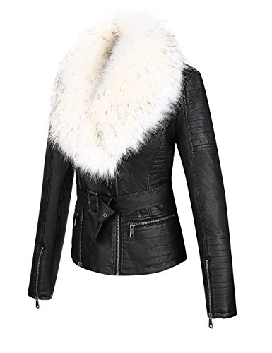 Bellivera Chaqueta Corta de Piel Sintética para Mujeres, Chaqueta de Moto con Cuello Desmontable de Piel Sintética