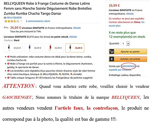 BellyQueen - Traje Latino Mujer para Danza Clásica Salsa Tango con Lentejuelas y Flecos - Talla Única - Azul