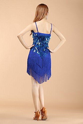 BellyQueen - Traje Latino Mujer para Danza Clásica Salsa Tango con Lentejuelas y Flecos - Talla Única - Azul