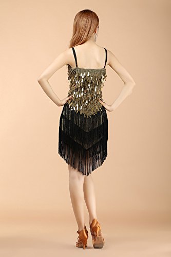 BellyQueen - Vestido Latino Mujer para Danza Clásica Salsa Tango con Lentejuelas y Flecos - Talla Única - Dorado