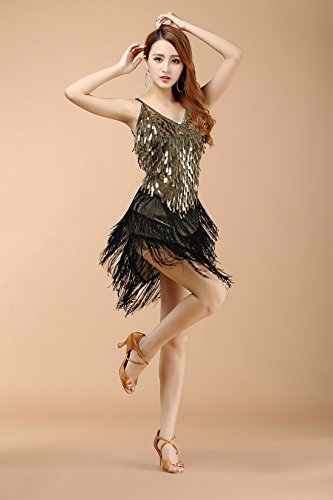 BellyQueen - Vestido Latino Mujer para Danza Clásica Salsa Tango con Lentejuelas y Flecos - Talla Única - Dorado