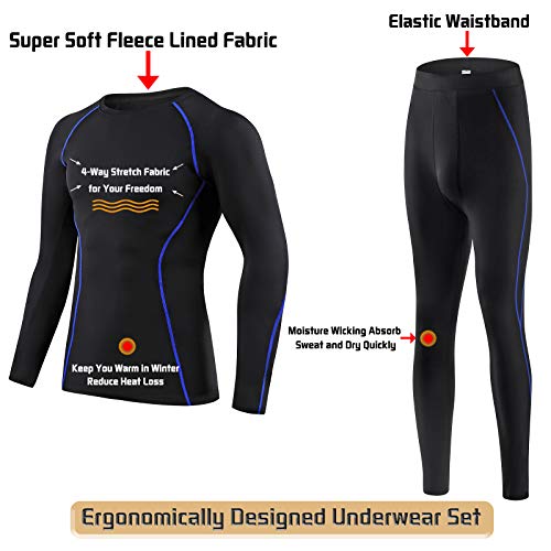 BenBoy Ropa Interior Térmica Hombre Invierno Otoño Conjuntos Térmicos para Esquí Fitness Montaña Corres Ciclismo (2XL, Negro Azul)