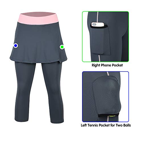 BEROY Falda elástica para mujer, pantalones capri, leggings, pantalones con falda de tenis 3/4, 2 en 1 Mallas A2/gris 3/4. XXXL