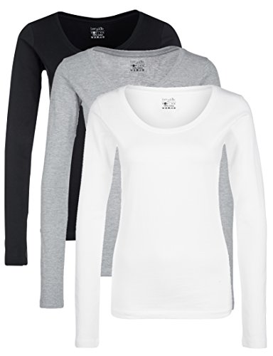 Berydale Camiseta de manga larga de mujer con cuello redondo, pack de 3, Negro/Blanco/Gris, L