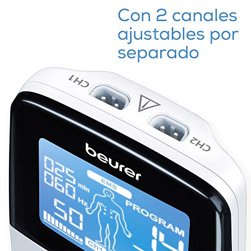 Beurer EM49 - Electroestimulador digital, para aliviar el dolor muscular y el fortalecimiento muscular, masaje, EMS, TENS, pantalla LCD azul, 2 Canales, 4 electrodos autoadhesivos, color blanco