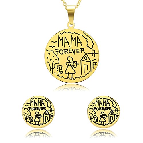 Beydodo Juegos de Joyas Collar Colgante y Pendientes de Mujer Acero Inoxidable Redonda Grabado Mama Forever Oro