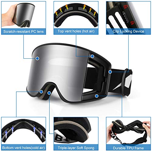 Bfull Gafas de Esquí, Antivaho y Protección UV400 Gafas de Nieve OTG con Botón de Bloqueo, Resistentes a los Impactos y Compatibles con Casco, Gafas de Snowboard para Hombres, Mujeres y Jóvenes