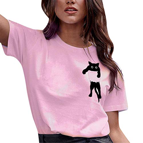 BHYDRY Camiseta con Estampado de Gatos para Mujer Blusa de Manga Corta Suelta Casual Tops sin Mangas