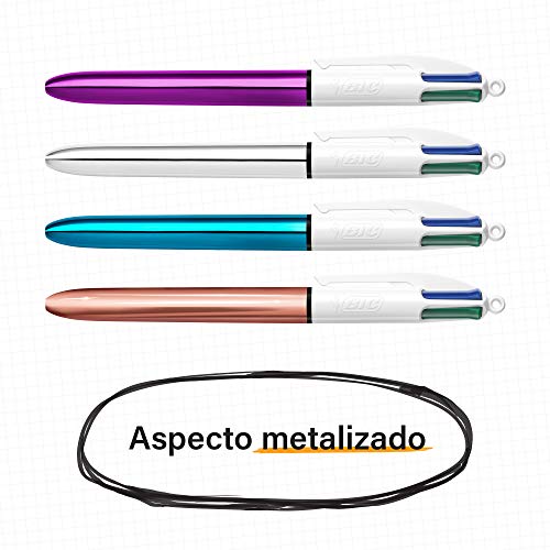 BIC 4 colores Shine Bolígrafo Retráctil punta media (1,0 mm) – colores Metálicos Surtidos, Blíster de 2+1