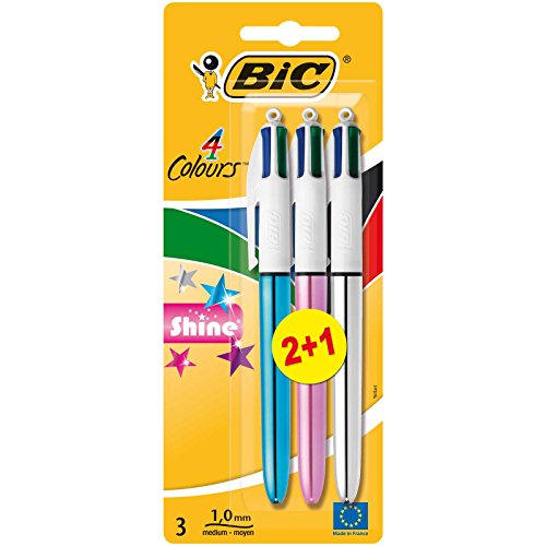 BIC 4 colores Shine Bolígrafo Retráctil punta media (1,0 mm) – colores Metálicos Surtidos, Blíster de 2+1
