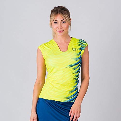 BIDI BADU Damen T-Shirt-Bella 2.0 Tech V-Neck tee-Neon Yellow/Dark Blue, GRÖßE:M Camiseta, Mujer, Amarillo/Azul, Medium