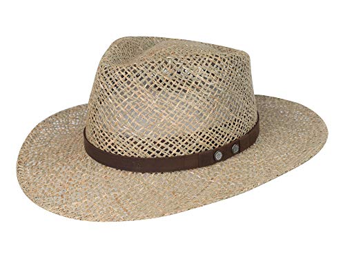 Big Brim Seagrass - Sombrero para hombre y mujer - Material 100% natural - ala de 7,5 cm - sombrero de viaje - sombrero de sol con guarnición de cuero - hecho a mano en Ecuador naturaleza Large