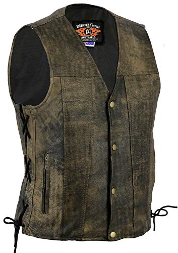 Bikers Gear Australia Limited Premium - Chaleco de piel de vaca de 1,3 mm con cordones ajustables y bolsillos, color marrón envejecido, talla M