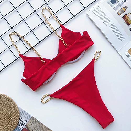 Bikini Bikini De Cadena Sexy Traje De Baño De Color Sólido Conjunto De Bikini De Mujer Push Up Traje De Baño Pin Hebilla Traje De Baño Biquinis S Red