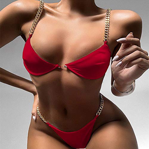 Bikini Bikini De Cadena Sexy Traje De Baño De Color Sólido Conjunto De Bikini De Mujer Push Up Traje De Baño Pin Hebilla Traje De Baño Biquinis S Red