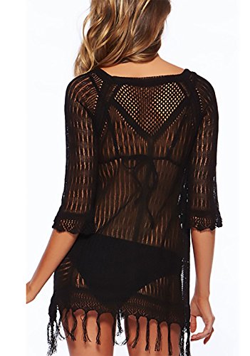 Bikini Cover Up Mujer Elegantes Sencillos Diario Verano Y Vacaciones Pareos Playa Media Manga Cuello Redondo Ganchillo Borla Vestido Playa Traje De Baño (Color : Negro, Size : One Size)
