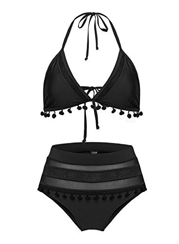 Bikini de Dos Piezas de Cintura Alta a la Moda para Mujer, Traje de ba?o con borlas a Rayas, Negro, Peque?o