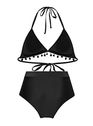 Bikini de Dos Piezas de Cintura Alta a la Moda para Mujer, Traje de ba?o con borlas a Rayas, Negro, Peque?o