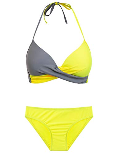 Bikini Elegante Traje de Baño Conjunto Bañador Halter Sexy Sólido para Mujer Ropa de Playa Traje de Baño Bikini Sets Talla Grande (Amarillo, M)