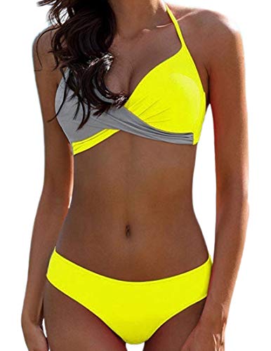 Bikini Elegante Traje de Baño Conjunto Bañador Halter Sexy Sólido para Mujer Ropa de Playa Traje de Baño Bikini Sets Talla Grande (Amarillo, M)