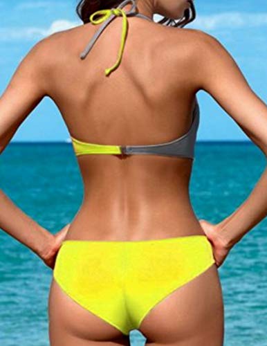 Bikini Elegante Traje de Baño Conjunto Bañador Halter Sexy Sólido para Mujer Ropa de Playa Traje de Baño Bikini Sets Talla Grande (Amarillo, M)