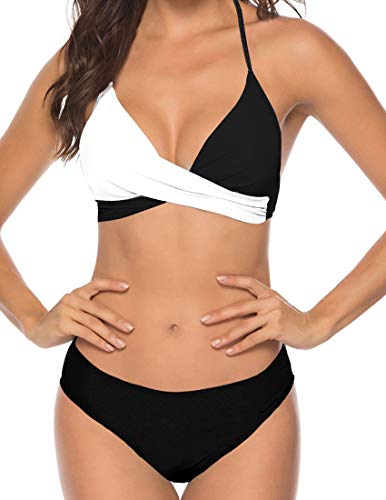 Bikini Elegante Traje de Baño Conjunto Bañador Halter Sexy Sólido para Mujer Ropa de Playa Traje de Baño Bikini Sets Talla Grande (Negro, S)