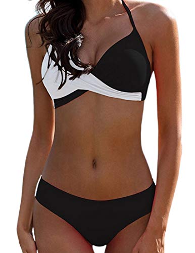 Bikini Elegante Traje de Baño Conjunto Bañador Halter Sexy Sólido para Mujer Ropa de Playa Traje de Baño Bikini Sets Talla Grande (Negro, XXL)