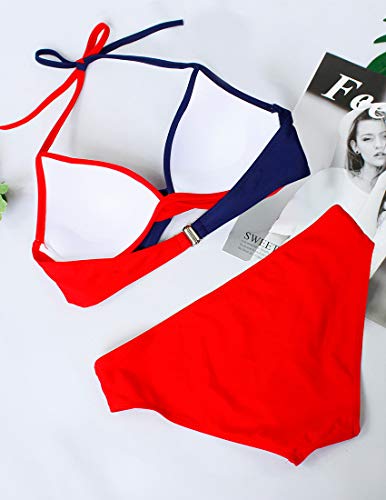 Bikini Elegante Traje de Baño Conjunto Bañador Halter Sexy Sólido para Mujer Ropa de Playa Traje de Baño Bikini Sets Talla Grande (Rojo, L)