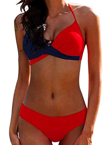 Bikini Elegante Traje de Baño Conjunto Bañador Halter Sexy Sólido para Mujer Ropa de Playa Traje de Baño Bikini Sets Talla Grande (Rojo, L)