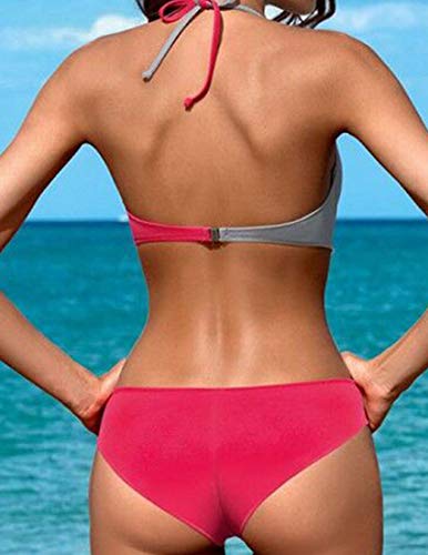 Bikini Elegante Traje de Baño Conjunto Bañador Halter Sexy Sólido para Mujer Ropa de Playa Traje de Baño Bikini Sets Talla Grande (Rosa, XL)