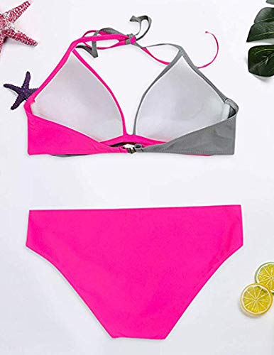 Bikini Elegante Traje de Baño Conjunto Bañador Halter Sexy Sólido para Mujer Ropa de Playa Traje de Baño Bikini Sets Talla Grande (Rosa, XL)