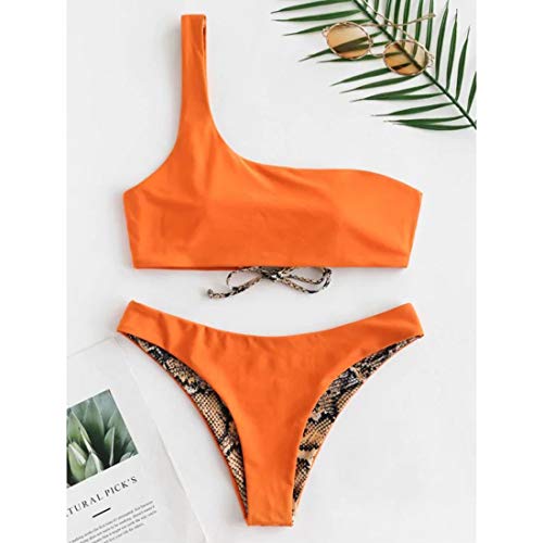 Bikini Mujer Patrón de Serpiente Conjunto de Bikini con Cordones Un Hombro Bikini Acolchado Top Push-up Bikini Bottom Cintura Baja Traje de baño de Dos Piezas(Orange S)