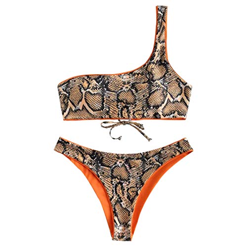 Bikini Mujer Patrón de Serpiente Conjunto de Bikini con Cordones Un Hombro Bikini Acolchado Top Push-up Bikini Bottom Cintura Baja Traje de baño de Dos Piezas(Orange S)