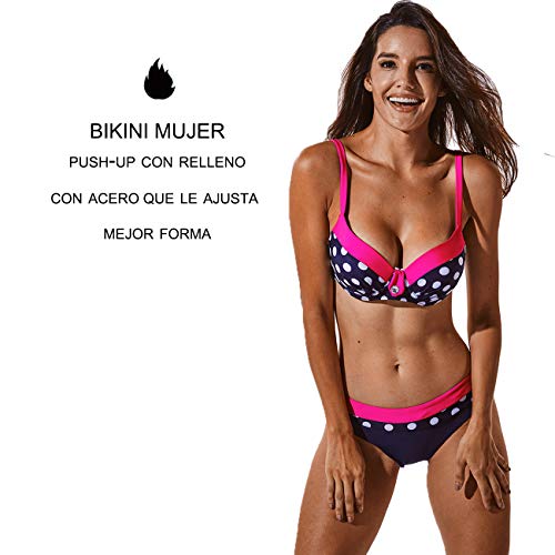 Bikini Mujer Push-up con Relleno Grueso con Acero Acolchado Bra Trajes de baño Dos Piezas Color Vario con Talla Grande #2 Rosa Small