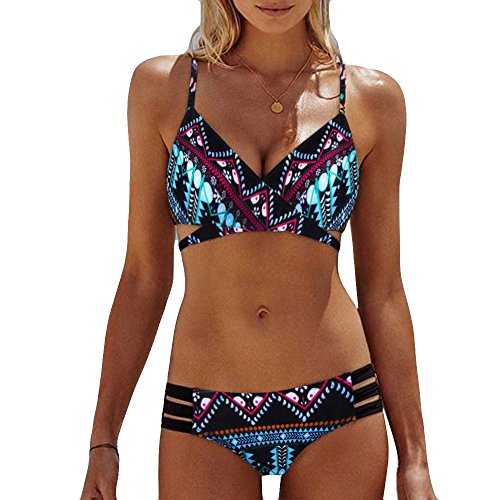 Bikini Mujer Push Up Lanskirt Mujeres Conjunto de Traje de BañO Estampado Bohemio BañAdores Con Relleno Trajes de BañO Mujer 2019 Baratos Bikini Estampado Dividido BañAdores (Cielo azul, L size)