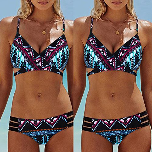 Bikini Mujer Push Up Lanskirt Mujeres Conjunto de Traje de BañO Estampado Bohemio BañAdores Con Relleno Trajes de BañO Mujer 2019 Baratos Bikini Estampado Dividido BañAdores (Cielo azul, L size)