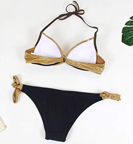 Bikini Push Up Cuello Halter Triangulo Mujer Trajes de Baño de Dos Piezas Biquini Vikini Conjunto de Bikinis con Relleno Señora Bañador Piscina Playa Trikini Mujeres Bañadores Natacion Dorado M