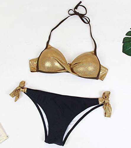 Bikini Push Up Cuello Halter Triangulo Mujer Trajes de Baño de Dos Piezas Biquini Vikini Conjunto de Bikinis con Relleno Señora Bañador Piscina Playa Trikini Mujeres Bañadores Natacion Dorado M