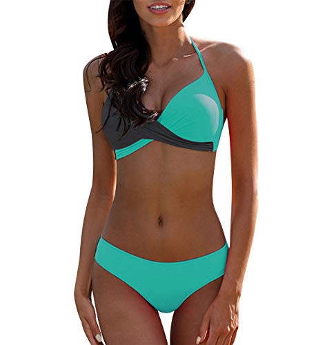 Bikini Push Up Halter Mujer Trajes de Baño de Dos Piezas Biquini Vikini Conjunto de Bikinis con Relleno Señora Bañador Piscina Playa Trikini Mujeres Bañadores Natacion Tallas Grandes Verde Gris S
