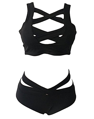 Bikini Tininna de dos piezas para mujer con diseño sexy de bandas cruzadas, cintura alta y efecto "push-up", negro, Small