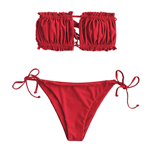 Bikini Zaful sin tirantes para mujer, escote con volantes, estilo bandana, juego de ropa de baño rojo M