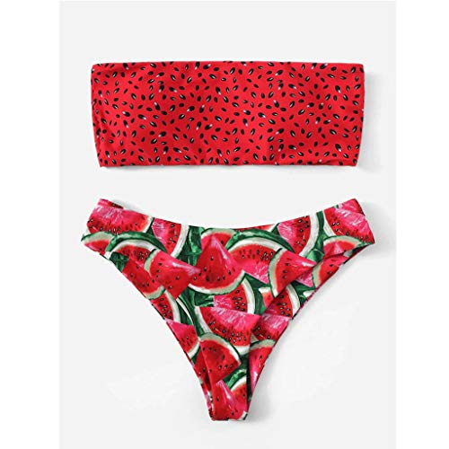 Bikinis Mujer 2019 Brasileños SHOBDW Sexy Traje de Baño Mujer Dos Piezas Conjunto de Bikini Push Up Tanga Bra Bandeau Rojo Sandía Playa Bañadores de Mujer Cintura Alta(Rojo,M)