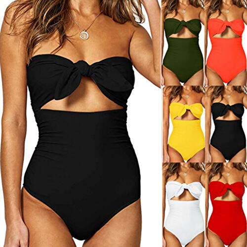 Bikinis Mujer 2019 SHOBDW Traje de Baño Mujer Una Pieza Vintage Bañadores de Mujer Sin Tirantes Push Up Bikinis Monokini Solid Arco Vendaje Bañador Espalda Descubierta(Negro,XXL)
